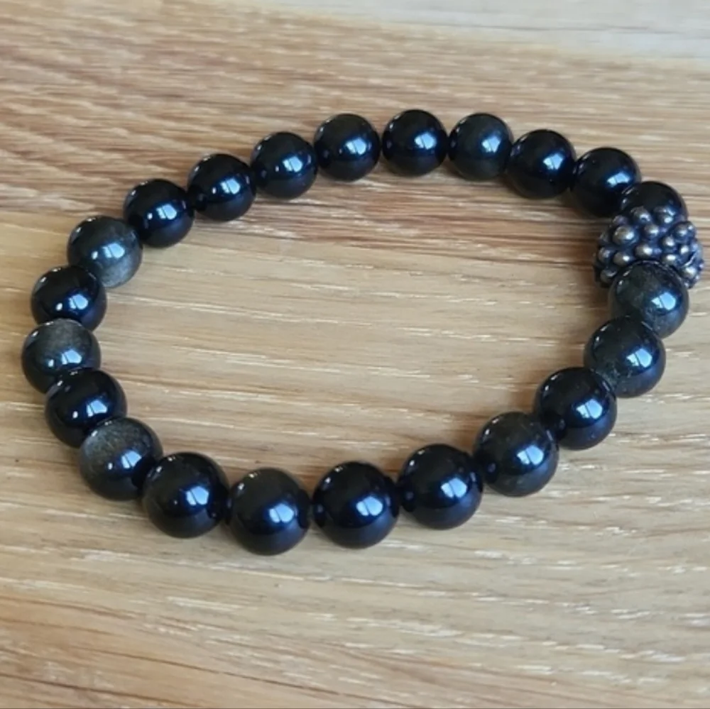 Golden Obsidian Beaded Stretch Bracelet | Handmade